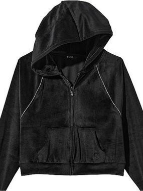 💎 Victoria's Secret Black Velour Rhinestone Zip Up Hoodie Y2K McBling Coquette